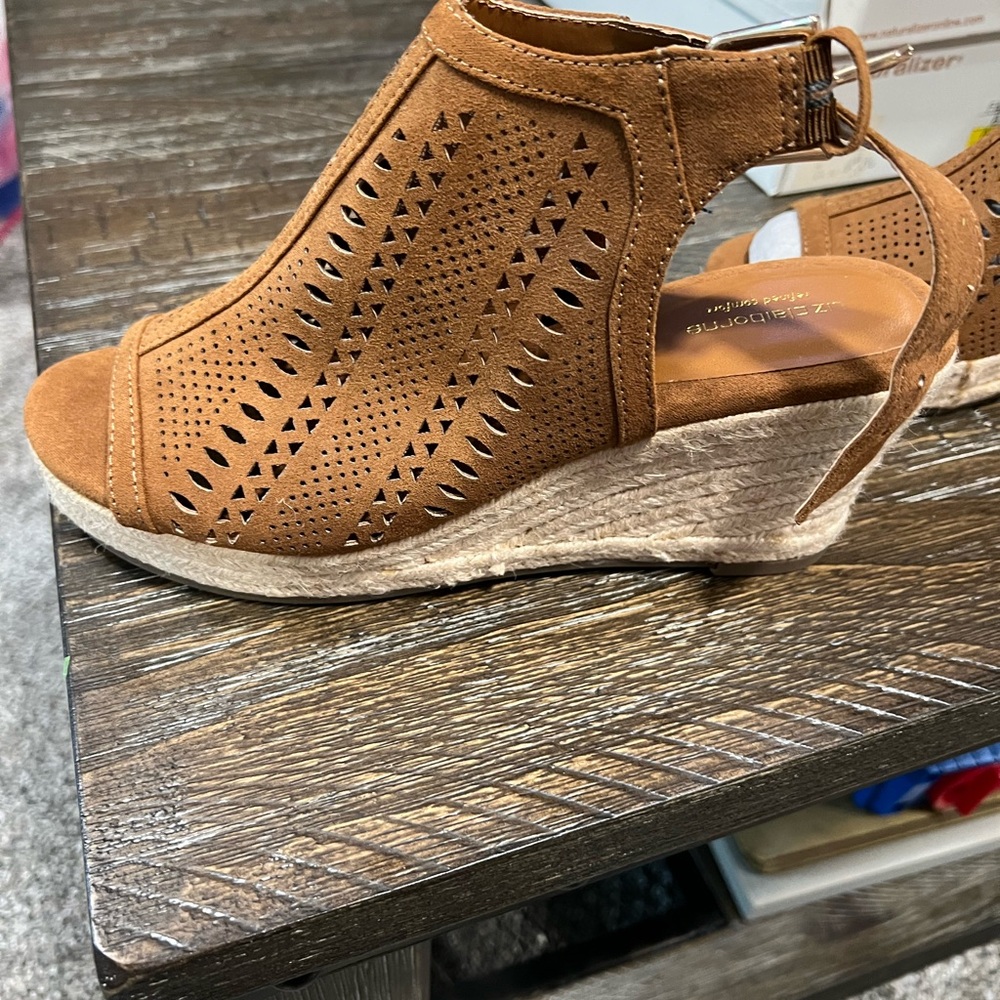 Liz Claiborne Tan Perforated Wedge Sandals
